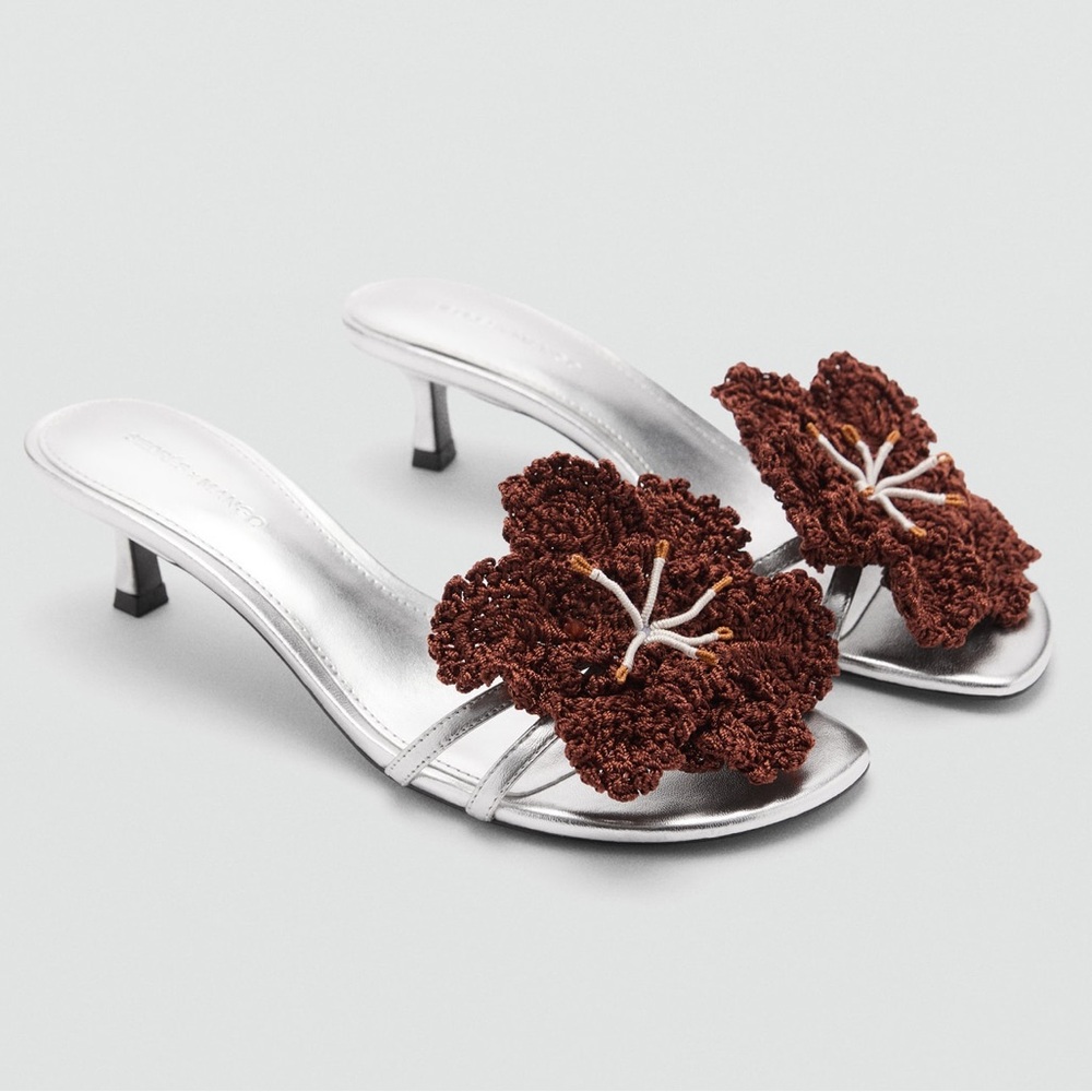 Mango Silver Slide Sandals with Brown Crochet Flowers - Picture 7 of 8